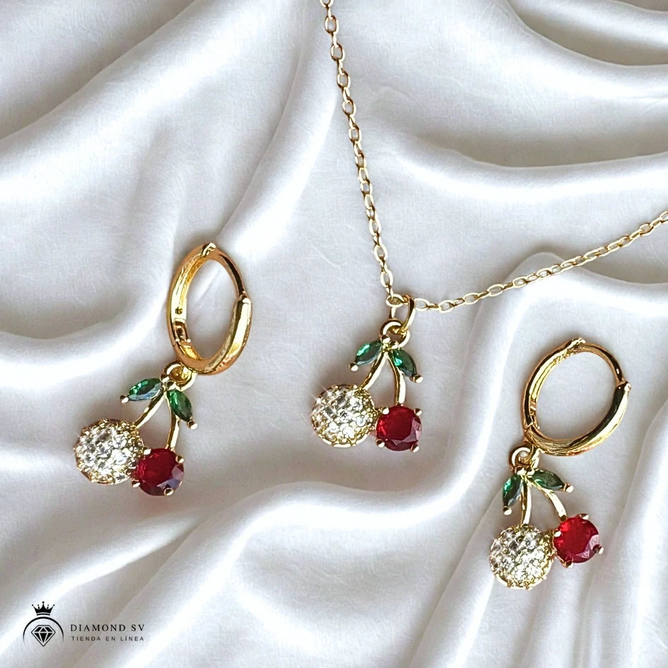 Set Premium De Cadena y Aritos De Cereza