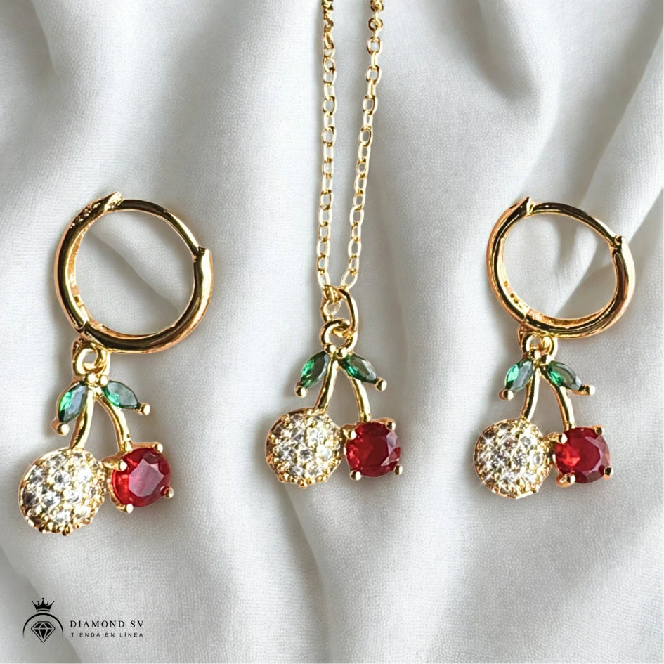 Set Premium De Cadena y Aritos De Cereza