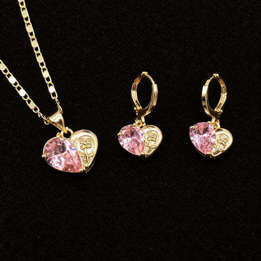Set Premium Corazón Rosa De Cadena y Aritos