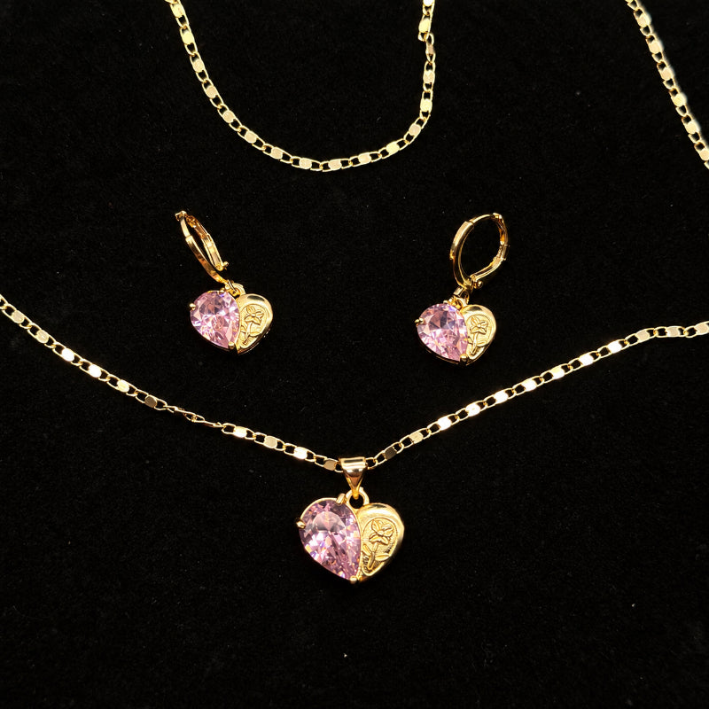 Set Premium Corazón Rosa De Cadena y Aritos