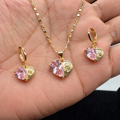 Set Premium Corazón Rosa De Cadena y Aritos