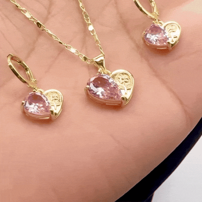 Set Premium Corazón Rosa De Cadena y Aritos