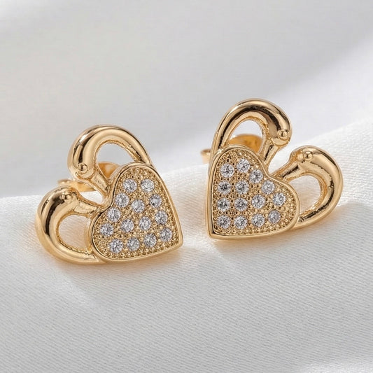 Aritos De Corazón Cisnes De Amor Enchape De Oro De 18K