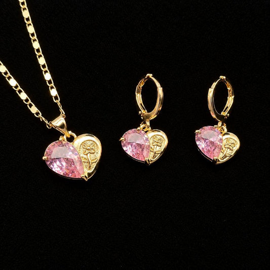 Set Premium Corazón Rosa De Cadena y Aritos