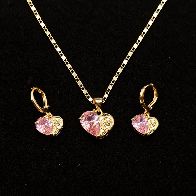 Set Premium Corazón Rosa De Cadena y Aritos