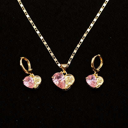 Set Premium Corazón Rosa De Cadena y Aritos