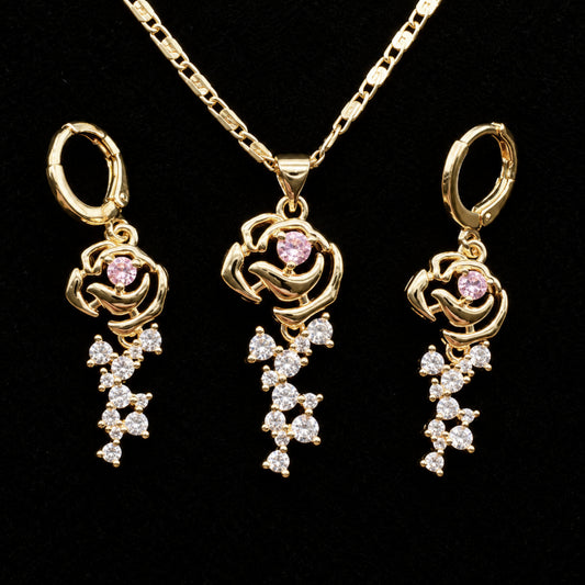 Set Premium Rosas De Amor Cadena y Aritos